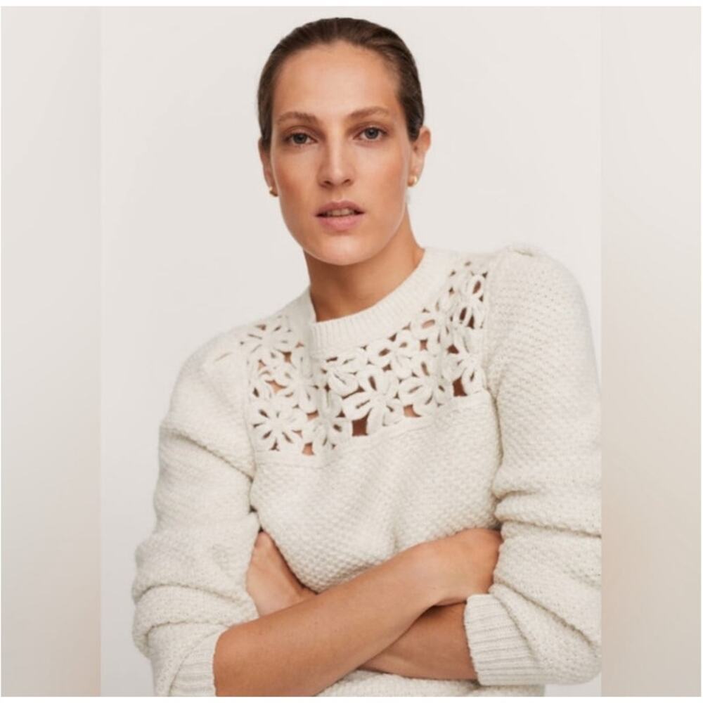 See and Be Seeing NWOT Crochet cream/ whit basic crew neck knit sweater sx M - Picture 2 of 6